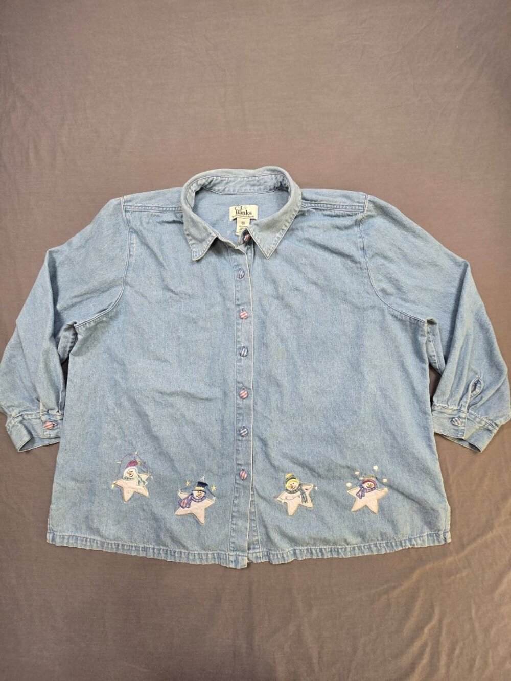 CJ Banks 3X Denim Shirt Blue Snowman Christmas Holiday Button Down Embroidered